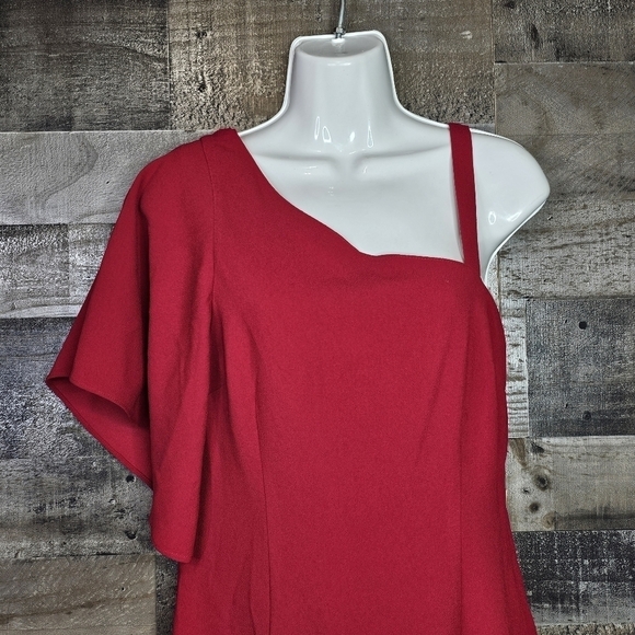 Trina Turk Upbeat One Flounce Shoulder Sheath Dress In Sangria - Picture 3 of 9